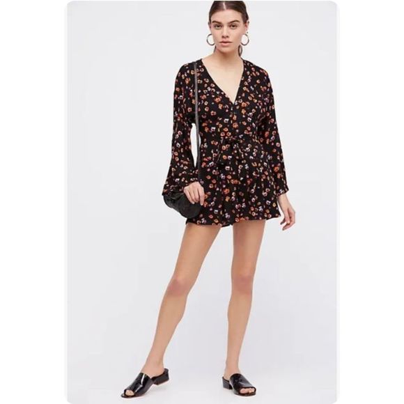 Free People Pants - Free People L’Amour Printed Romper Black Long Sleeve Size 0